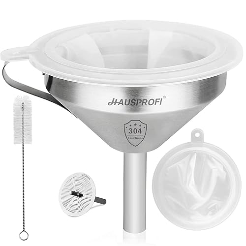 HAUSPROFI Stainless Steel Funnel, 5.1 inch 304 Stainless Steel Kitchen Funnel with 200 Mesh Food Filter Strainer for Transferring Liquids, Oil, Making Jam - Funnel: 5.1 Inch