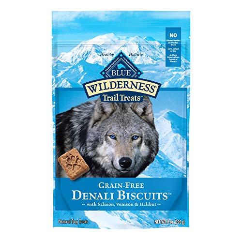 Blue Buffalo Wilderness Denali Biscuits High Protein Grain Free Crunchy Dog Treats, Wild Salmon, Venison, & Halibut 8-oz bag - Salmon, Venison, & Halibut - 8 Ounce (Pack of 1)