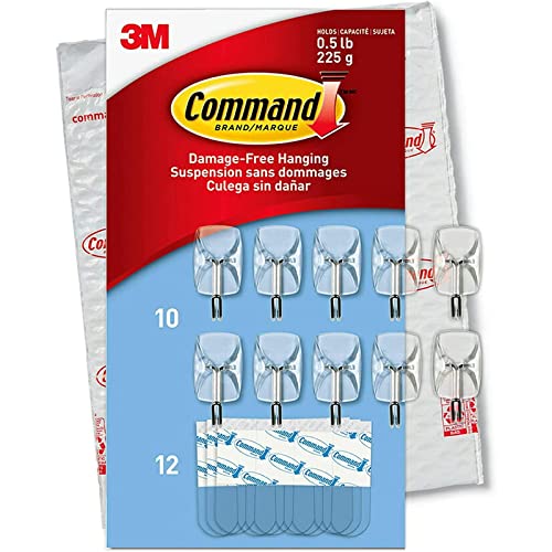 Command CL067-10NA Plastic Small Wire, 10 Hooks, 12 Strips-Easy to Open Packaging, Organize Damage-Free, Clear, Silver - S - 10 Hooks - Standard Packaging