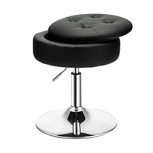 COSTWAY 360° Swivel Vanity Stool, Height Adjustable PU Leather Footstool Storage Ottoman with Removable Tray Lid, Modern Padded Round Footrest Accent Makeup Stool Chair for Living Room Bedroom (Black) - Black