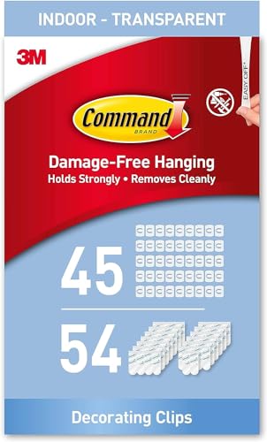 Command Clear Decorating Clips, Value Pack of 45 Transparent Clips and 54 Small Adhesive Strips - Little Hooks for Decorations and Fairy Lights - Damage Free Hanging - Decorating clips - value pack - Single