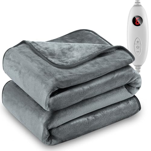 AFDEAL Electric Blanket With 6 Heating Levels, Heated Blanket 9H Auto Timing, Soft Electric Flannel Blanket Machine Washable, Fast Heating To Warm Your Body, 130x160CM Grey