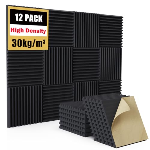 Jancane 12 pack Self-Adhesive Acoustic Foam Panels, 1" X 12" X 12" Sound Proofing Panels, Acoustic Wall Panels for Home Recording Studio Acoustical Treatments