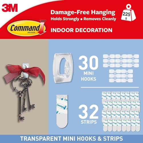 Command Clear Mini Hooks with Clear Strips, Multi Pack of 30 Hooks + 32 Adhesive Strips - Indoor Use - Suitable for Hanging Items up to 225g - Damage Free Hanging - Mini Hooks - Single
