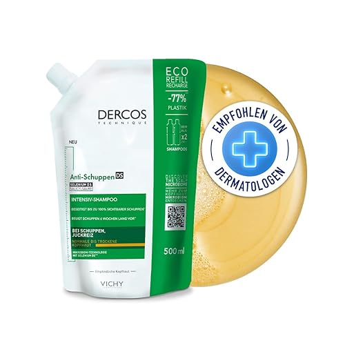 VICHY Anti-Schuppen Pflegeshampoo für normales bis trockenes Haar, 6 Wochen Anti-Rückfall-Wirkung, Ohne Parabene, Mit Selendisulfid und Salicylsäure, Dercos Anti-Schuppen, Nachfüllpack, 500 ml