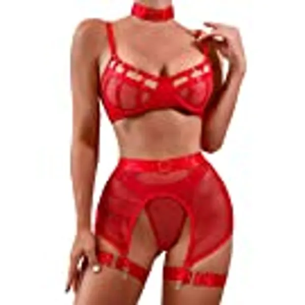 popiv Women's Lingerie Sets Sexy Lingerie Set with Garter Belt and Suspender 4 Piece Bra and Panties Sets High Waisted Lingerie with Choker