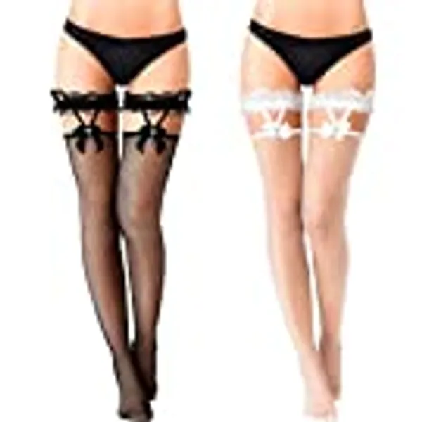 SATINIOR 2 Pairs Lace Top Fishnet Stockings Bow Suspenders Thigh High Stockings Mesh Hold up Stockings for Women