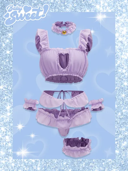 ROMWE Sweetness 6pack Solid Cut Out Frill Lingerie Set