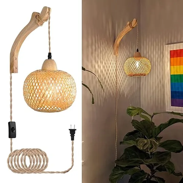 Frideko Bamboo Lantern Plug in Wall Sconces Wicker Wall Lamp with Plug in Cord Hand Woven Rattan Wall Light Farmhouse Rustic Wall Sconces Boho Sconces Wall Lighting for Living Room Bedroom - Orange