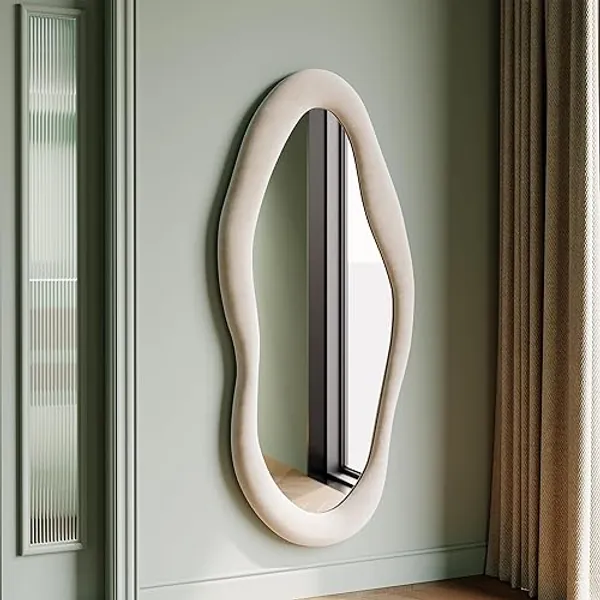 Honyee 55" x 24" Wall Mirror, Flannel Wrapped Wooden Frame Wavy Mirror, Irregular Mirror Hanging for Cloakroom/Bedroom/Living Room, Ivory White - 55"L x 24"W - Ivory White