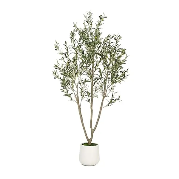 VIVATREES Olive Trees Artificial Indoor, 6FT Tall Faux Olive Tree with White Tall Planter, Artificial Plants with Natural Wood Trunk and Lifelike Fruits for Home Office Decor - White-6ft