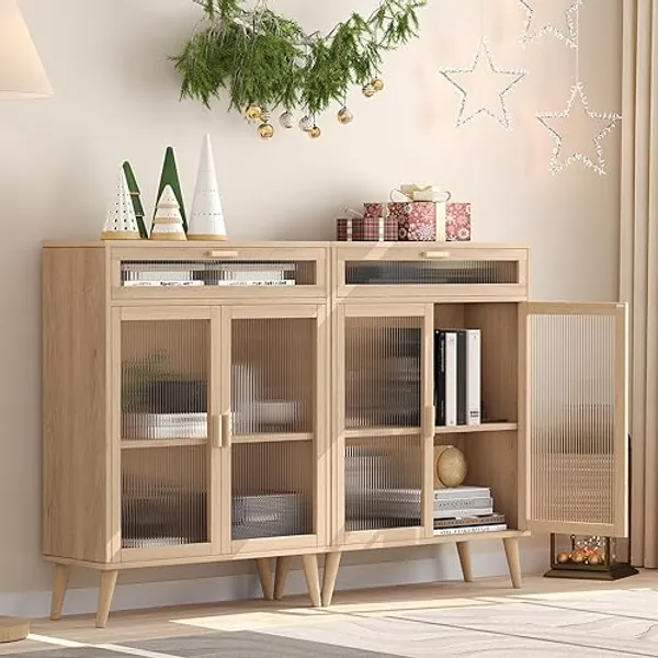 Rovaurx Set of 2 Storage Bathroom Cabinet, Accent Floor Storage Cabinet with Acrylic Glass Doors, Wooden Buffet Sideboards, Modern Buffet Cabinet with Adjustable Shelf for Living Room, BMGZ107MC02 - 2