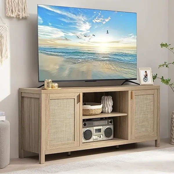 SICOTAS Rattan TV Stand for Living Room - 26" Tall TV Console Cabinet with Storage and Adjustable Shelf, Boho Entertainment Center, 59" Media Console for 50, 55, 65 Inch TV, Light Oak - ‎15.5 x 59 x 26 inches - Reclaimed Light Oak