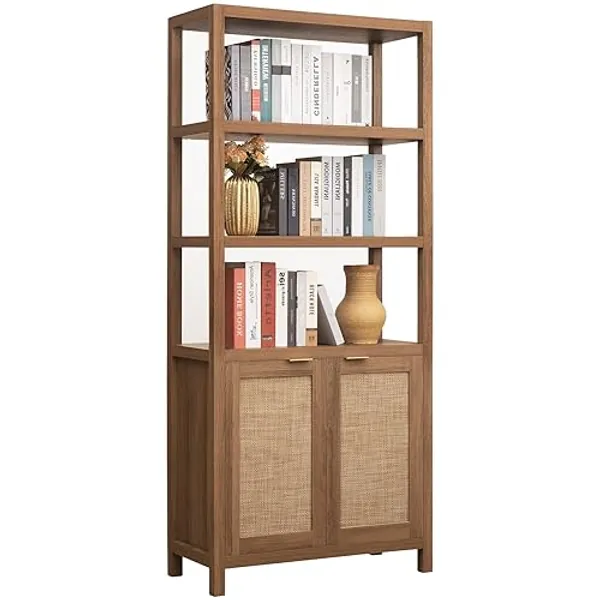 SICOTAS Bookshelf 5 Tier Book Shelf Rattan Boho 71" Tall Bookcase with Doors Storage Shelves Large Bookshelves Farmhouse Bookcases Library Book Case for Living Room Bedroom Home Office Kitchen - Reclaimed Caramel Oak - 1 Piece