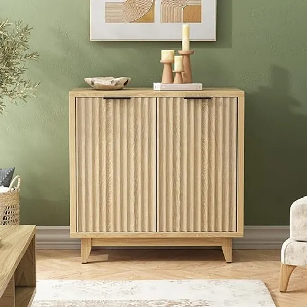 Fluted Cabinet with Storage, 2 Doors Sideboard Buffet Cabinet, Mid Century Modern Accent Cabinet with Adjustable Shelves, Multifunctional Console Table with Storage for Living Room, Kitchen, Entryway - Natural - 2 Doors - 15.7"D x 31.5"W x 31.5"H