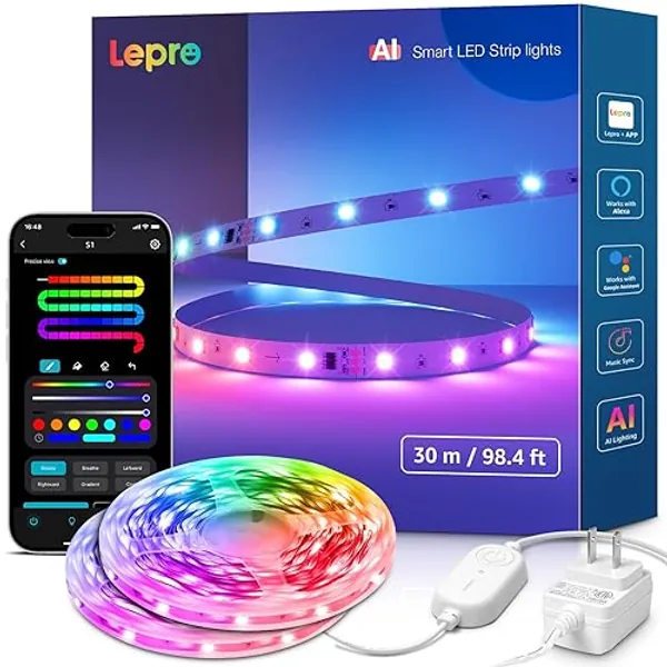 Lepro S1 AI LED Strip Lights for Bedroom - 100ft(2 Rolls of 50ft) Smart RGB Light Strips with IC and Rainbow Chasing Effects, AI Generated Lighting for New Year, No Remote, 2.4G Wi-Fi & Bluetooth - 100FT