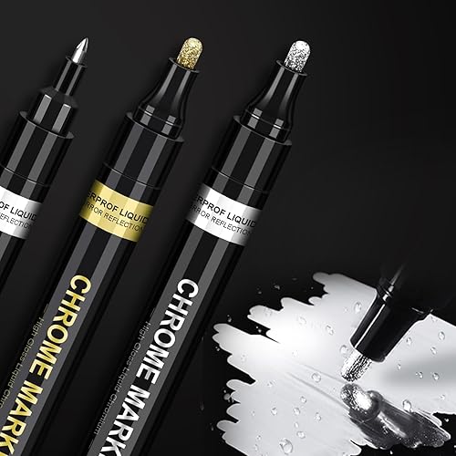 3Pcs Liquid Chrome Marker Paint Markers, Chrome Paint Pen for Most Surfaces, Mirror Marker for Repairing, Permanent Reflective Liquid, Touch Up, Model Painting, Marking or DIY Art Projects - 3