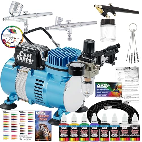 Master Airbrush Cool Runner II Dual Fan Air Compressor Professional Airbrushing System Kit with 3 Airbrushes, Gravity and Siphon Feed - 6 Primary Opaque Colors Acrylic Paint Artist Set - How to Guide - 1/5-HP Cool