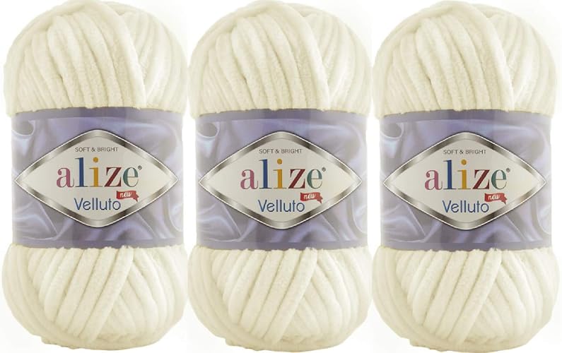 Alize Velluto 100% MicroPolyester Baby Blanket Yarn Lot of 3 skn 225 Yards 3x100gram, Yarn Weight:Super Bulky 6 (62 Cream)