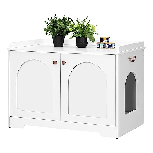 Hzuaneri Cat Litter Box Enclosure with Handles, Hidden Litter Box Furniture with Removable Partition, Wooden Pet House Side End Table, for Living Room, Bedroom, White CB05703X - White