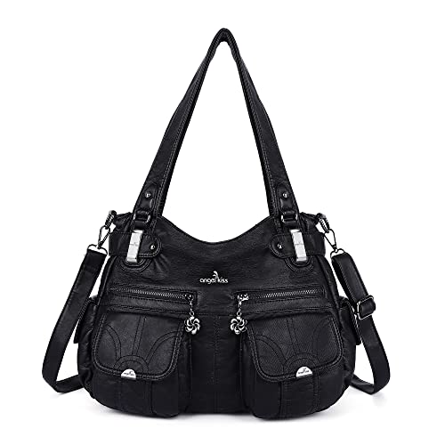 Purses and Handbags Women Tote Shoulder Top Handle Satchel Hobo Bags Fashion Washed Leather Purse - 1-1#black