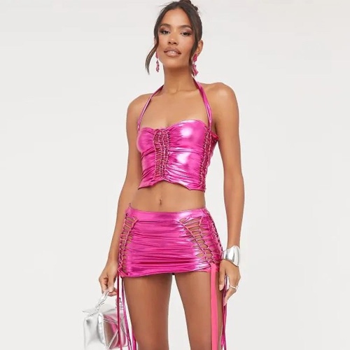 Pink Metallic Skirt Clubwear Set - Pink / S