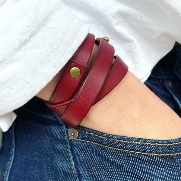 Leather Wrap Bracelet Handmade - Boho Style Cuff - Bordeaux Red Leather + Antique Brass - Personalized Gift For Her - Mens Bracelet