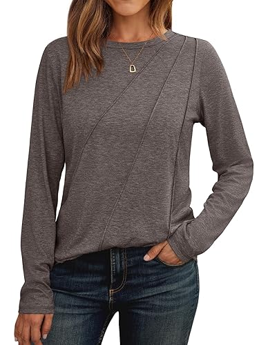 AUTOMET Womens Long Sleeve Shirts Pleated Crew Neck Casual Fall Fashion Tops Loose Fit Lightweight Girls Outfits Clothes - Small - Coffeegrey