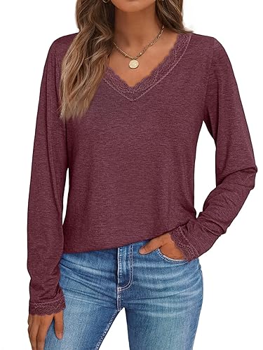 AUTOMET Long Sleeve T Shirts for Women Lace V Neck Casual Cute Tops Loose Fit Fall Winter Basic Clothing - Winered - Small