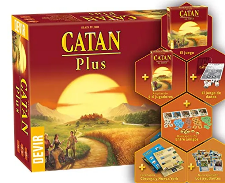 Devir - Catan Plus, Juego completo + Amplicaciones hasta 6 Juegadores y Mapas extra, Juego de Mesa, Juego de Mesa con Amigos, Juego de Mesa 10 años (BGCATANPLUS2)