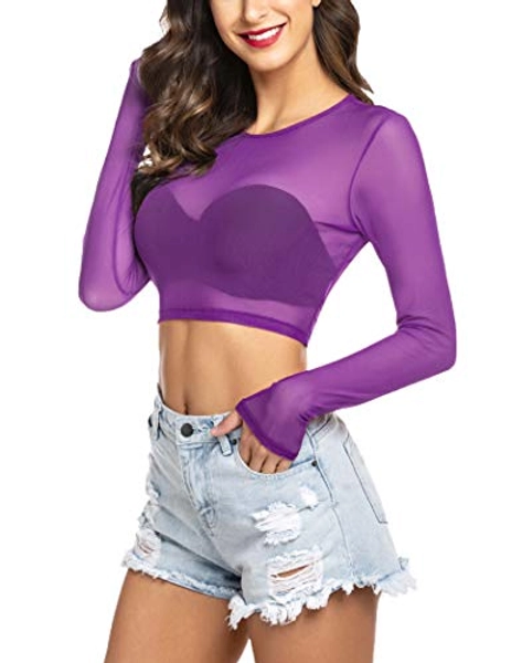 Avidlove Women Mesh Crop Top Long Sleeve See Through Shirt Sheer Blouse O Neck Clubwear S-4XL