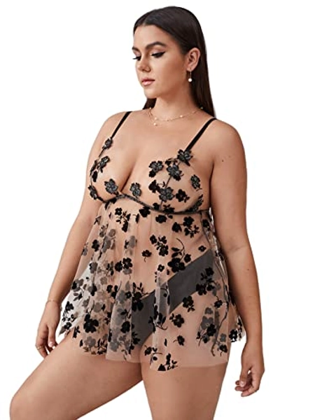 SOLY HUX Women's Plus Size Floral Embroidery Mesh Sheer Lingerie Chemise Babydoll