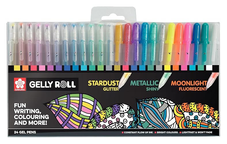 Sakura Gelly Roll Set de 24 stylos gel pailletés, métalliques et fluorescents pour écrire et dessiner, couleurs et effets assortis - Unique
