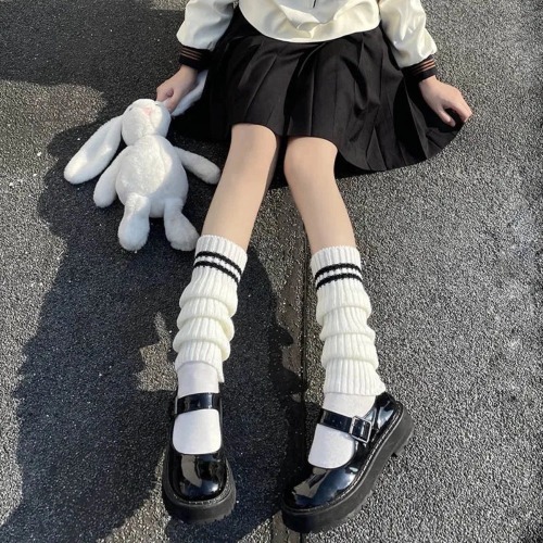 Womens Leg Warmers - White With Stripes / 40cm