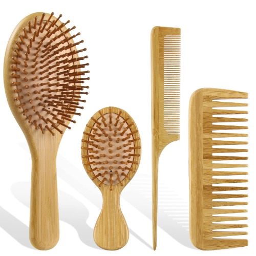 4 Pcs Bamboo Hair Brush Comb Set