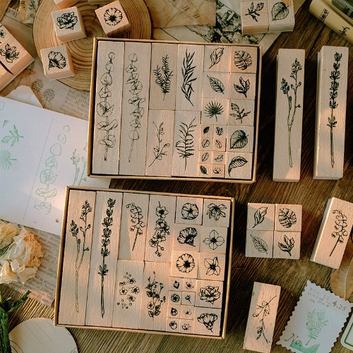 Flower Plant Leaf Wooden Rubber Stamp Set | 3. Complete set, 10% OFF / Stamp Only