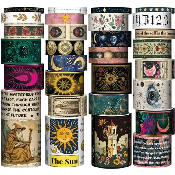 29 Rolls Washi Tape Set - Tarot Theme Decorative Masking Tape Colored Patterns, Vintage Adhesive Artists Tapes for Journaling Supplies, Diy Crafts, Scrapbooking, Junk Journal Supplies, School Supplies