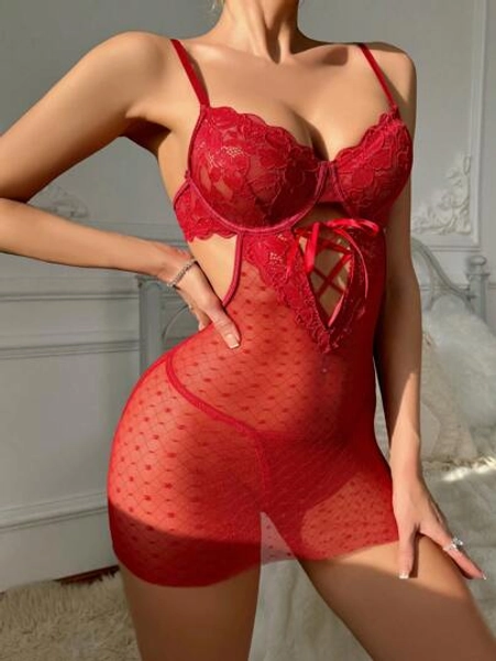 Classic Sexy Kvinnors Lace Hollow Korsband Sexiga Underkläder Klänning Set