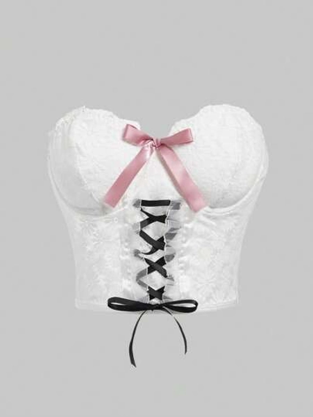 ROMWE Kawaii Framtill Rosettknut Dekor Spets Bustier Axelbandslös topp