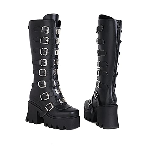 JIFAENY Ladies Punk Goth Platform Boots Gothic Wedge Chunky Ins Motorcycle Mid -Calf Combat Knee High Zipper Boots - 7 UK - Matte