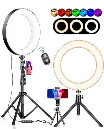 Selfie Ring Light with 3 Stands and 2 Phone Holders Well Equipped RGB Ring Light with 14 Colors of Light, Lighting for Phone/Desk/Laptop/Video Recording/Makeup/Room Meeting/Live Stream/TikTok - 14 Colors of LED Light
