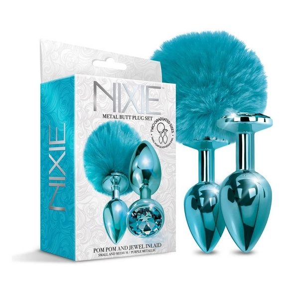 Σετ Σφήνες Με Κόσμημα Και Ουρά - Metal Butt Plug Set Pom Pom And Jewel Blue