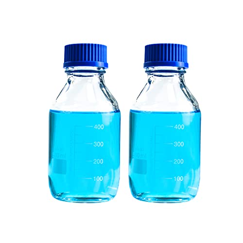 SWONES Graduated Round Reagent Media - Round Media Storage Bottle - Storage Glass Bottles, with GL45 Screw Cap,Borosilicate 3.3 Glass (500ml, 2pcs) - 500ml - Blue