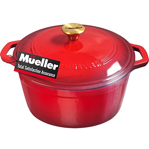 Mueller DuraCast 6 Quart Enameled Cast Iron Dutch Oven Pot with Lid, Heavy-Duty Casserole Dish, Braiser Pan, Stainless Steel Knob, for Braising, Stews, Roasting, Baking, Safe across All Cooktops, Red - Red