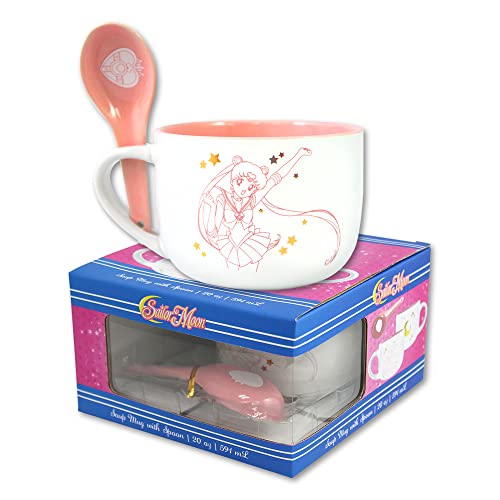 JUST FUNKY Sailor Moon 12 Oz Ceramic Ramen Soup Bowl Mug with Spoon - Kawaii Bunnie Pattern, Microwave Safe, Reusable & Washable - Great for Sailor Scouts, Usagi, Chibi Moon, Saturn, Pluto, Jupiter - White-Pink