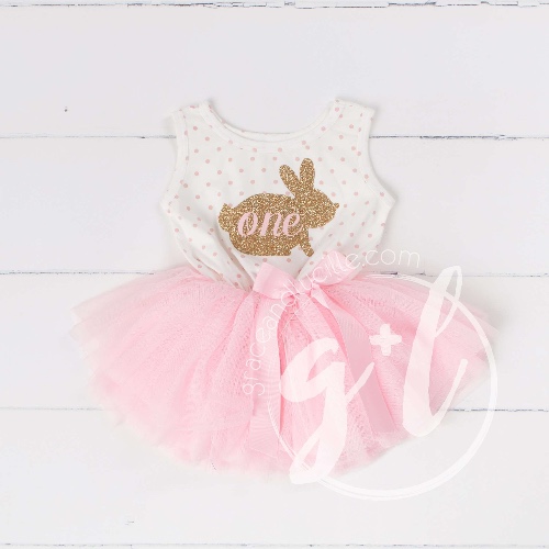 Easter Bunny 1st Birthday Gold "ONE" on Pink Polka Dot Sleeveless Tutu Dress | Easter Bunny 1st Birthday "ONE" Pink Polka Dot Sleeveless Tutu Dress / 12-24 mths Children