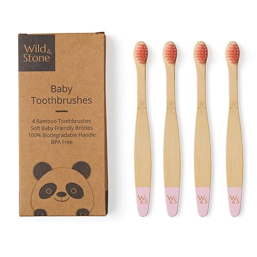 Wild & Stone Organic Baby Bamboo Toothbrushes | 4 Pack | Soft Bristles | 100% Compostable Handle | BPA Free | Vegan Baby Toothbrushes (Baby Pink) - Baby Pink