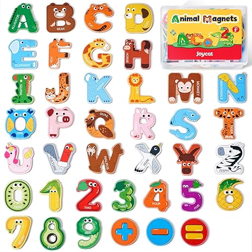 JoyCat Wooden Thick Alphabet Magnets for Toddlers Fridge Large Size Cute Animal Colorful ABC Magnetic Letters 26 Uppercase Letters 0-9 Numbers Toy Set for Kids Toddlers Preschool Learning Spelling - Letters+Numbers