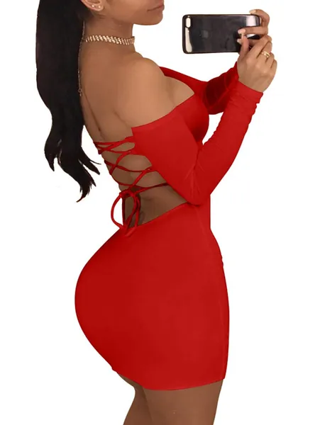 TOB Women's Sexy Off Shoulder Backless Lace Up Club Bodycon Mini Dress
