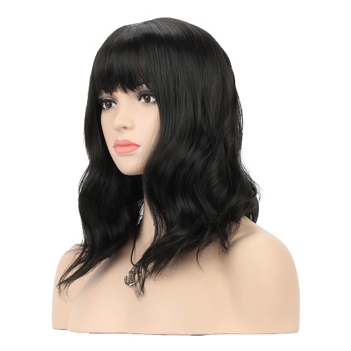 DAOTS 14" Curly Wigs with Bangs for Women Girls Heat Resistant Synthetic Hair Wig (Black)
